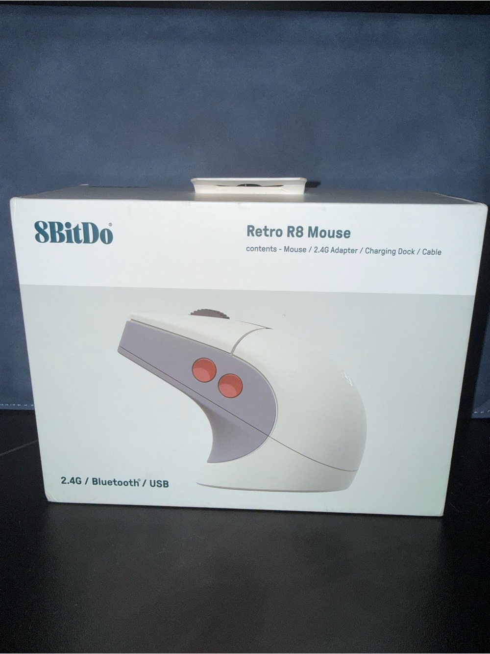 8BitDo Retro R8 Mouse in White with Gray & Red Accents